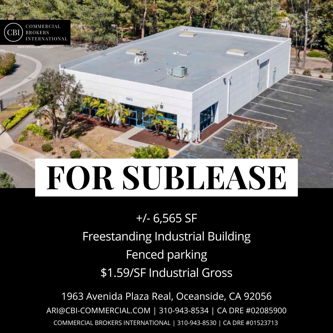 For Sublease Industrial Warehouse📍1963 Avenida Plaza Real, Oceanside, CA 92056 +/-6,565 SF $1.90 PSF IG Industrial M Zoned Contact me 310-943-8534 or ari@cbi-commercial.com for more information. #retailgirlla #industrial #manufacturing #distribution #industrialwarehouse