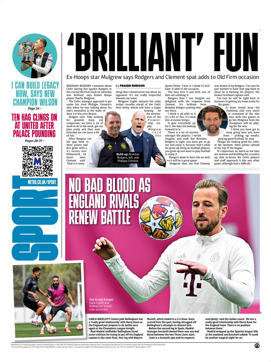 Wednesday's back page 'BRILLIANT' FUN 🔴Ex-Hoops star Mulgrew says Rodgers and Clement spat adds to Old Firm occasion #TomorrowsPapersToday #scotpapers #skypapers #BBCPapers #scottishfootball