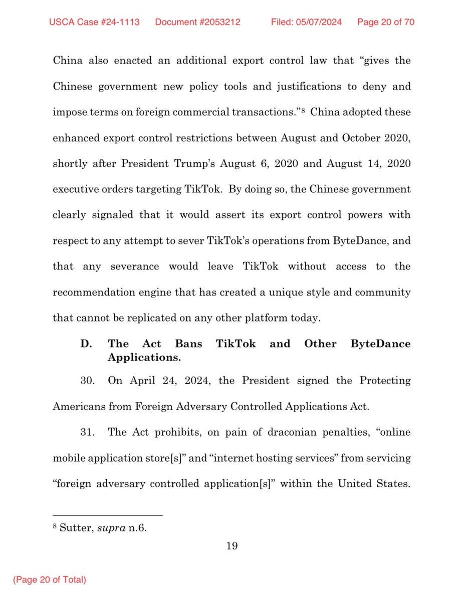 😳 @TikTokPolicy literally says it cannot comply with the divestment requirement because “the Chinese government has made clear that it would not permit a divestment” of ByteDance’s algorithm. They’re literally making the national security case for the U.S. government.