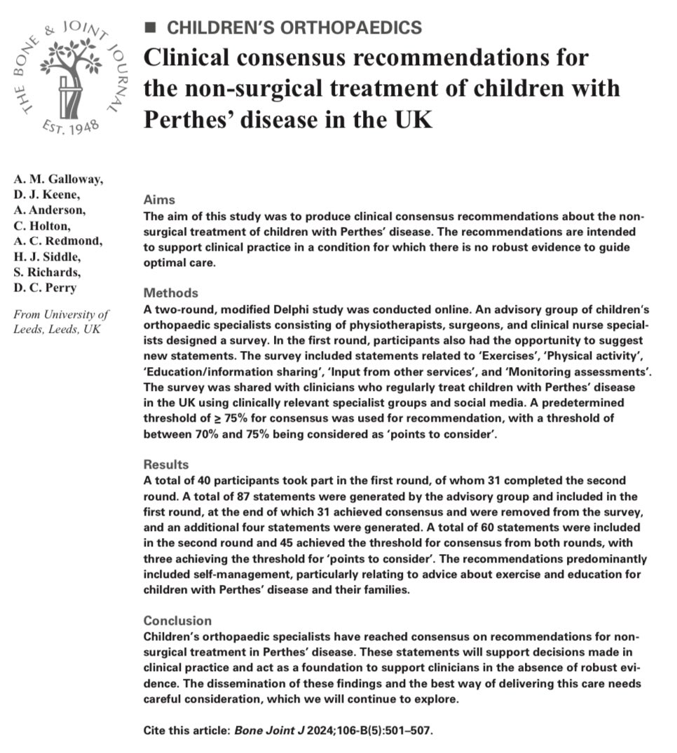 Non-surgical treatment of #PerthesDisease is varied across the UK. Our study produced clinical consensus recommendations to guide clinical practice. Hugely grateful for @BoneJointJ for featuring the latest paper from the @NONSTOPPhD boneandjoint.org.uk/article/10.130… #Perthes #AGCDRF