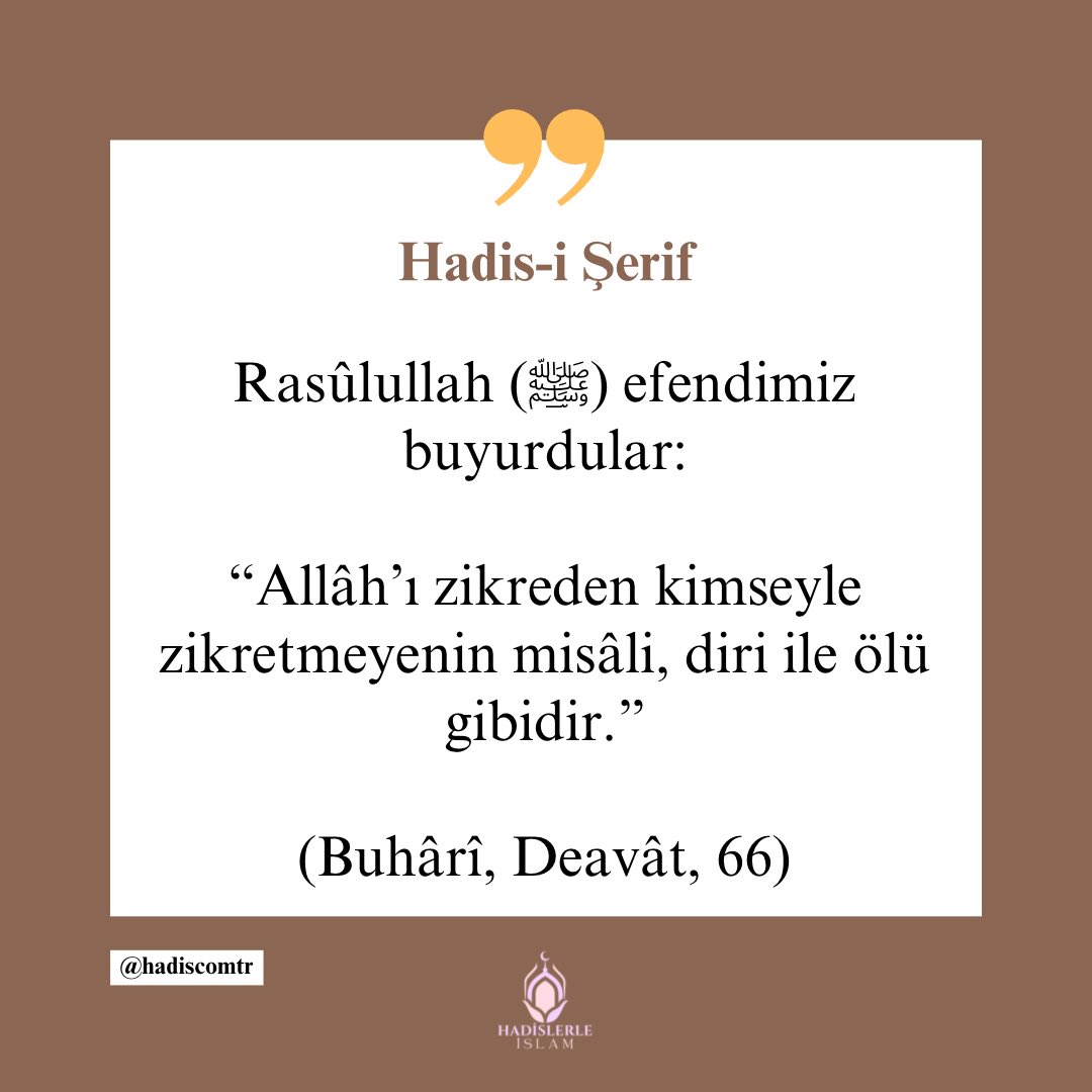 Rasûlullah (ﷺ) efendimiz buyurdular: “Allâh’ı zikreden kimseyle zikretmeyenin misâli, diri ile ölü gibidir.” (Buhârî, Deavât, 66)