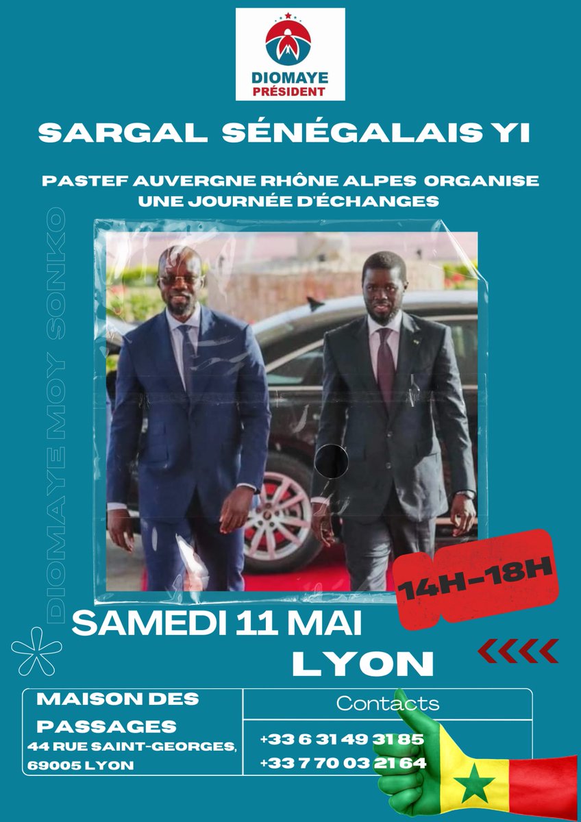 #DiomayePresident
#OusmanePM
Rendez-vous est pris avec Pastef Auvergne Rhône-Alpes pour célébrer et rendre hommage au Peuple Sénégalais. 🇸🇳