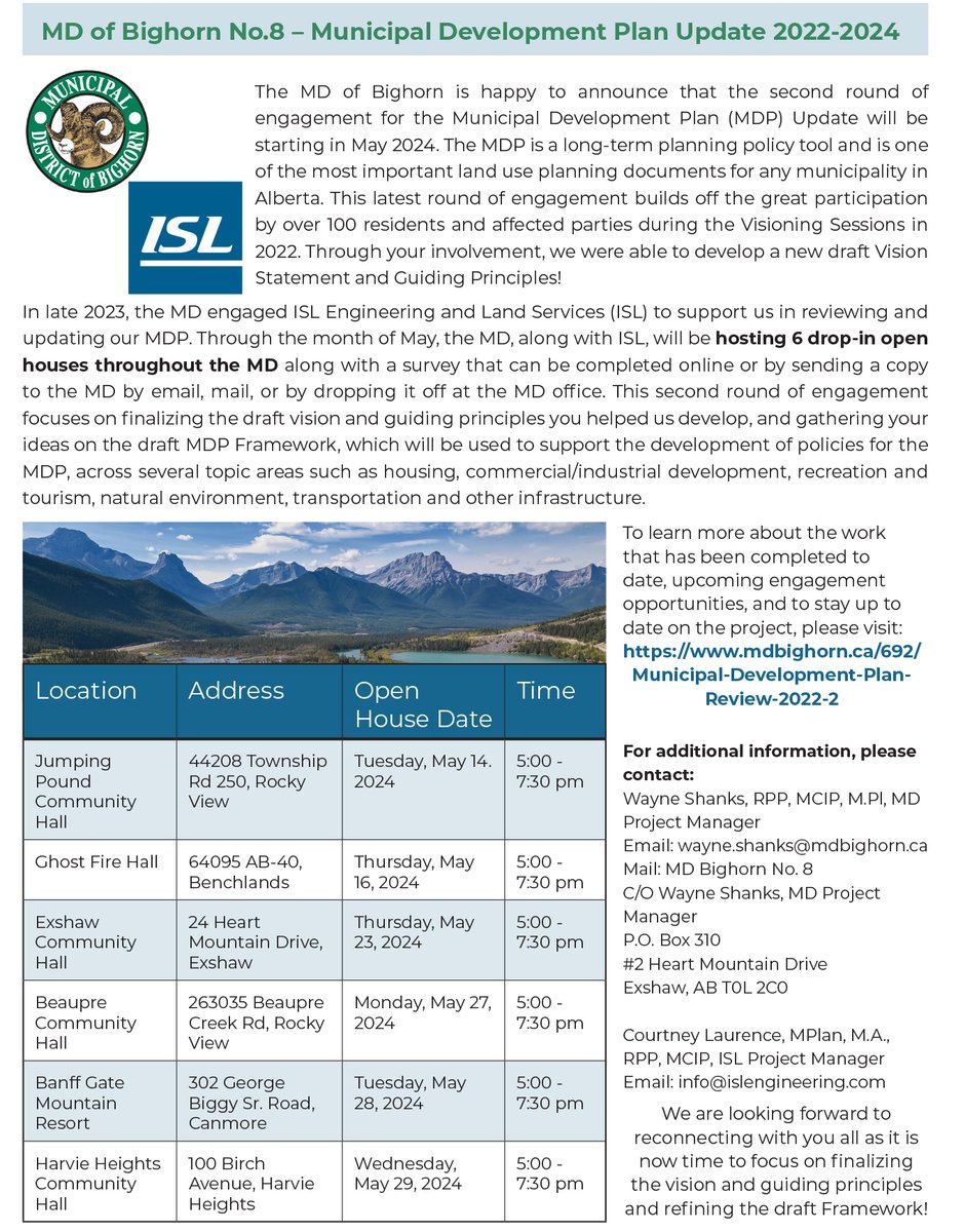 Here is the poster for the Municipal Development Plan Update and the upcoming open house schedule. We are only a week away from the first open house!

For more information, please check out the MDP plan page here: mdbighorn.ca/692/Municipal-…