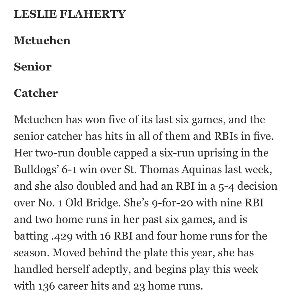 “Metuchen has won 5 of its last 6 games, & Senior Catcher, Leslie Flaherty, has hits in all of them & RBIs in 5. Her 2-run double capped a 6-run uprising in the Bulldogs’ 6-1 win over St. Thomas Aquinas last wk…” 

LET’S GO @lflaherty2024 !!🙌🥎
✅Vote below!✅ #metuchensoftball