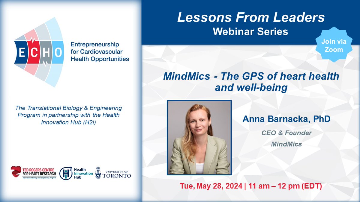Join us at ECHO’s next Lessons from Leaders webinar on May 28, featuring Dr. @AnnaBarnacka, CEO and Founder of @MindMics - an emerging wearable company dedicated to monitoring heart health via wireless earbuds and interactive mobile app. Register now: us02web.zoom.us/meeting/regist…