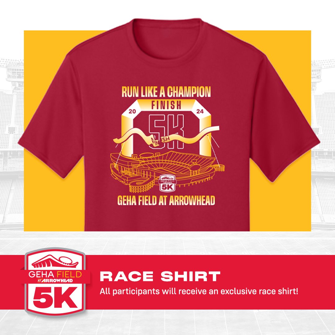 Chiefs Kingdom, it's not too late to sign up for the GEHA Field at Arrowhead 5k and 1k this Friday! Every participant gets a race t-shirt and a commemorative coin available for purchase 🏃 🔗: chfs.me/3kffKm9