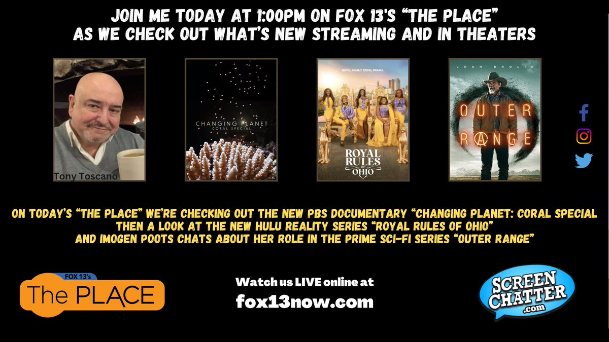 Join us at 1:00pm (MT) today on #Fox13Utah's #ThePlace as we check out #ChangingPlanetCoralSpecial, #RoyalRulesofOhio & #OuterRange 

#ScreenChatter #whattowatch