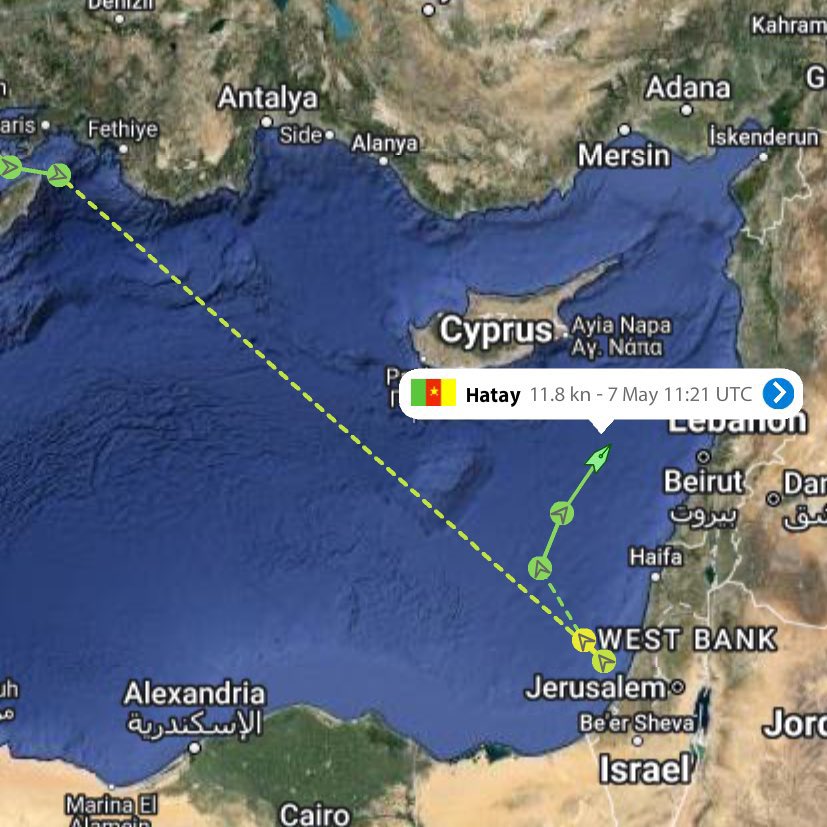 The Muslim world really thinks that Dictator Erdogan is helping Palestinians, but he only barks and never bites. Erdogan is still allowing exports to Israel. The Turkish-owned 'HATAY' departed from 🇹🇷 Izmir and was scheduled for Iskenderun, Turkey. It turned off its AIS