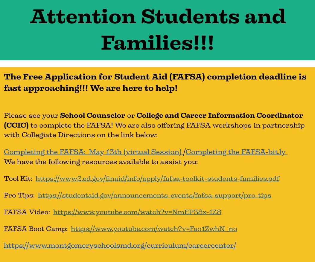 ATTENTION!! FAFSA Completion Assistance and resources for HS Seniors are available at all MCPS high schools! Please see your counselor or CCIC for info! <a href="/MCPS/">MCPS</a> <a href="/mcps_osfse/">Student & Family Support & Engagement</a> <a href="/MCC_PTA/">MCCPTA</a>