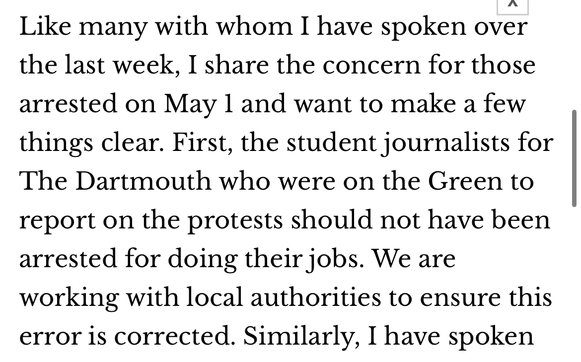 I am truly glad to see this apology, and even more glad to see a specific recognition of the student reporters. Better late than never, <a href="/sianbeilock/">Sian Beilock</a> and <a href="/dartmouth/">Dartmouth 🌲</a>—now it’s time to put procedures into place to ensure the events of last week never happen again.