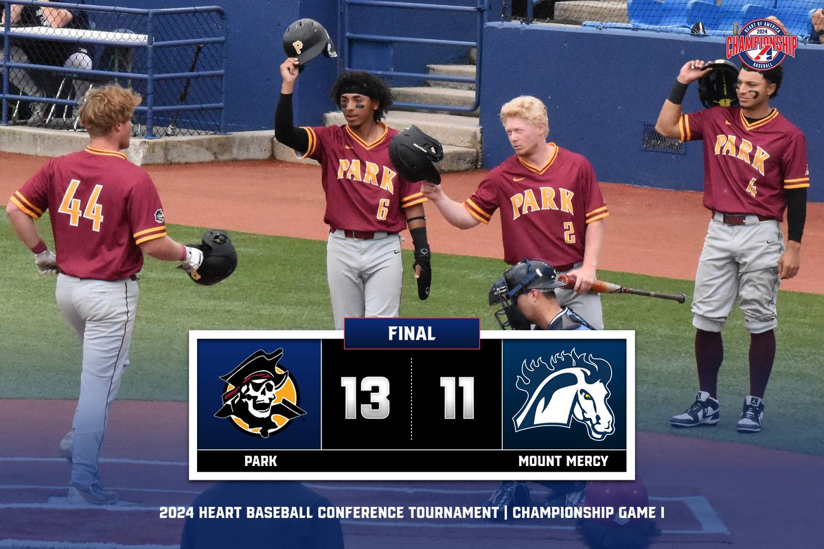 ⚾️, No. 4 @ParkPirates forces the If-Necessary game with a 13-11 win over No. 3 @Go_Mustangs! The final game of the 2024 Heart Baseball Conference Tournament will begin at 1 pm! Winner captures the Heart Conference Tournament Championship!