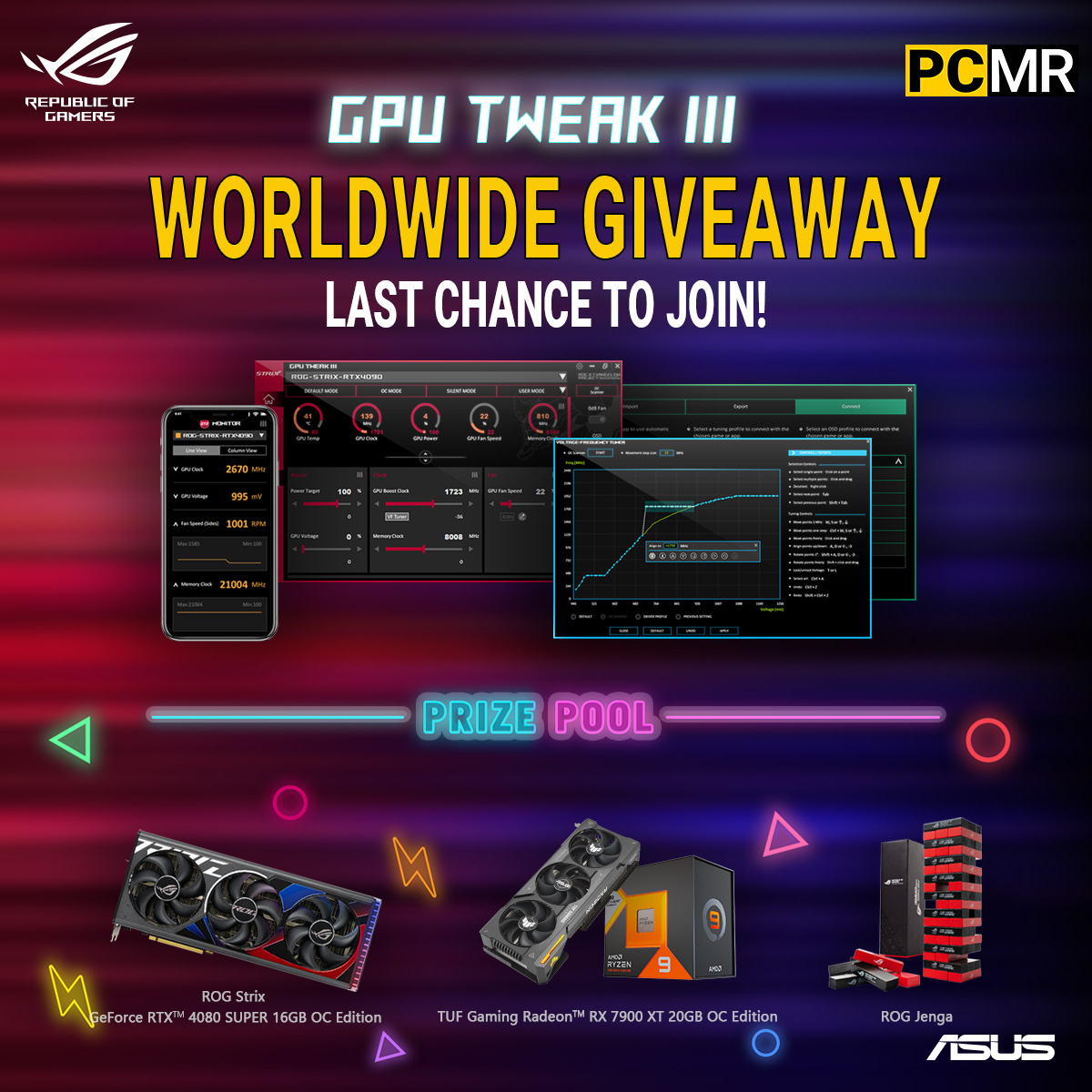 Last chance to join the WORLDWIDE @ASUS_ROG x PCMR Giveaway event! Ends May 13! Week 4 has a focus on the customization of your GPU Tweak III interface! Join in and enter to win a bunch of awesome ASUS hardware and more goodies! Enter now: reddit.com/r/pcmasterrace…