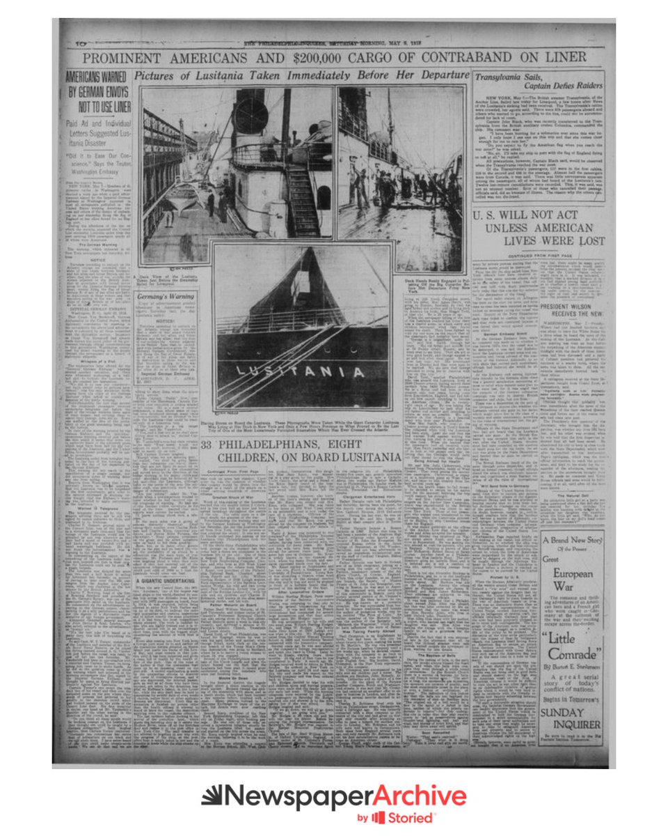 🚢 On this day in 1915, the Lusitania was torpedoed by a German U-boat, leading to the loss of 1,198 lives. Uncover the stories behind this tragedy with newspaper articles available on NewspaperArchive.com. 🗞️ #Lusitania #OnThisDay #WWI #History #NewspaperArchive