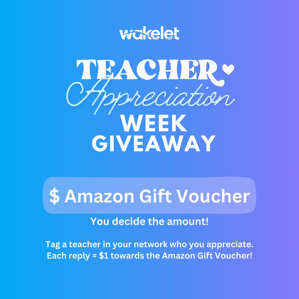🎉Let’s celebrate #TeacherAppreciationWeek! 🎉

Reply to this tweet and tag a teacher in your network who you appreciate.

💰 Each reply = $1 towards an Amazon Gift Voucher!

The total number of replies after 24 hours = total value of the gift card!

Winner chosen at random