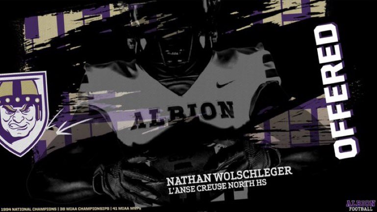 Nathan Wolschleger (@natewolschleger) on Twitter photo After an amazing Junior day visit and talk with <a href="/CoachAvaloy/">Kyle Avaloy</a> and <a href="/CoachWasil4/">Stephen Wasil</a> I am blessed to receive my first offer to play football at <a href="/AlbionFootball/">Albion Football</a>
<a href="/stoneyrock64/">Karl Featherstone</a> <a href="/Rundle_Albion/">Travis Rundle</a> <a href="/TheD_Zone/">The D Zone</a> <a href="/ReggieWynns/">Rising Stars Scouting</a> <a href="/RisingStars6/">Rising Stars Academy</a> <a href="/LCN_FB/">L'Anse Creuse North Football</a> <a href="/lcnboosterclub/">LCN Athletic Booster Club</a> <a href="/hannibalroda/">Hannibal Roda</a> After an amazing Junior day visit and talk with <a href="/CoachAvaloy/">Kyle Avaloy</a> and <a href="/CoachWasil4/">Stephen Wasil</a> I am blessed to receive my first offer to play football at <a href="/AlbionFootball/">Albion Football</a>
<a href="/stoneyrock64/">Karl Featherstone</a> <a href="/Rundle_Albion/">Travis Rundle</a> <a href="/TheD_Zone/">The D Zone</a> <a href="/ReggieWynns/">Rising Stars Scouting</a> <a href="/RisingStars6/">Rising Stars Academy</a> <a href="/LCN_FB/">L'Anse Creuse North Football</a> <a href="/lcnboosterclub/">LCN Athletic Booster Club</a> <a href="/hannibalroda/">Hannibal Roda</a>