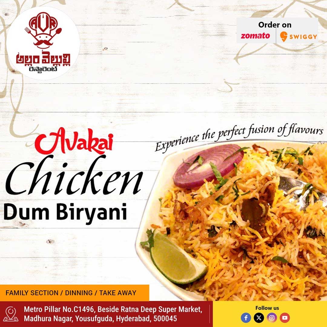 'Experience the bold flavors of Avakai in every bite of our Chicken Biryani' 🍗😋
#avakaichickenbiryani #AllamVellulliRestaurant #AndhraCuisine #southindianfoodie #spicyfood #FlavorfulFood #foodielife #foodlover #restaurantlife #foodstagram #biryanilovers #chickenbiryani #avakai