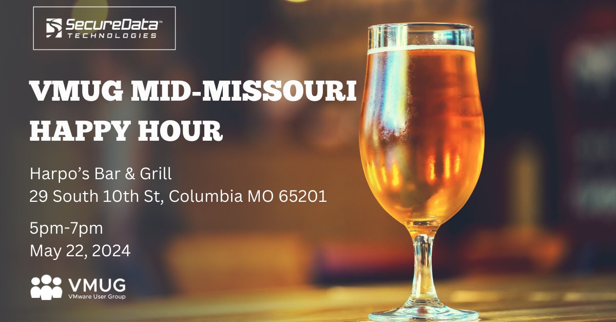 Join us May 22nd at Harpo’s Bar & Grill for our Mid-Missouri VMUG Happy Hour! Enjoy a great night of networking and collaborating over food and drinks. Register in the link below my.vmug.com/s/community-ev… #HappyHour #VMug #RedefiningExcellence #techtalk #MOTech #Columbia