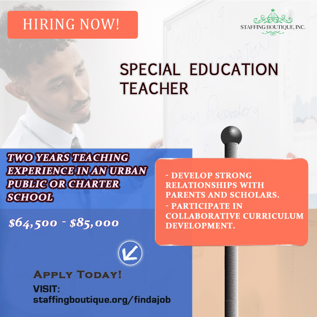 HIRING NOW!
We have a new full time opportunity for a Special Education Teacher.

Help create a community where every scholar and adult feels known, loved and respected.

To apply visit: lnkd.in/ewDFSS8X

#HIRINGNOW 
#employmentopportunities 
#jobsearching  
#teachingjobs
