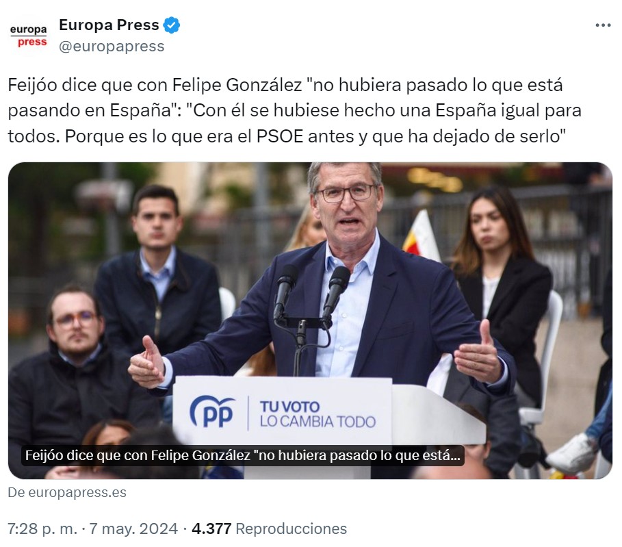 Feijóo idolatra a Felipe González. Al llamado PSOE güeno.