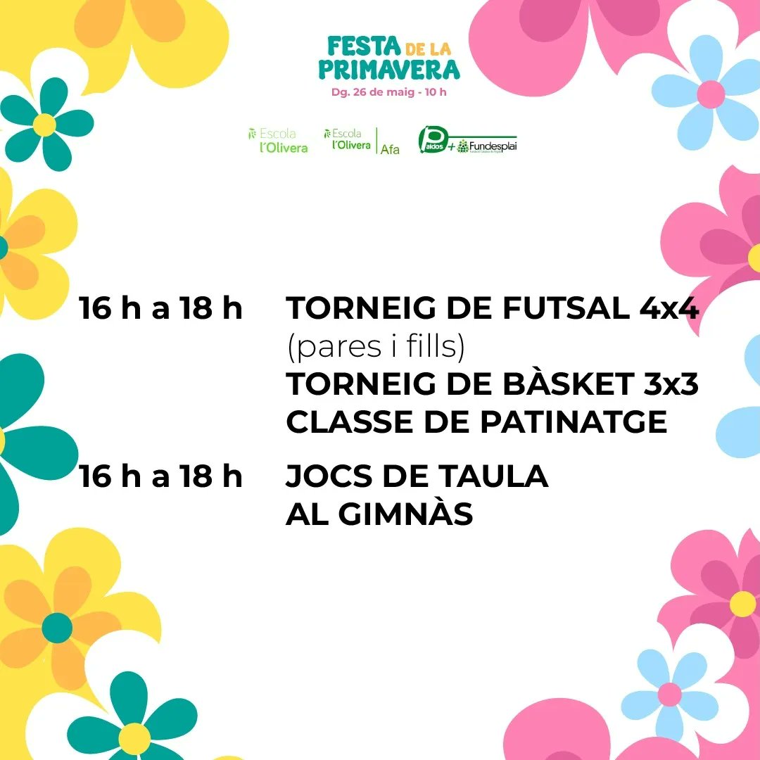 Bona tarda famílies! Ja tenim aquí la Festa de la Primavera, serà el diumenge 26 de maig i hi haurà activitats per a tu tothom. Aviat compartirem els enllaços per a què us hi inscriviu. Us hi esperem!!!
<a href="/EscolaOlivera/">Escola l’Olivera</a> <a href="/Paidoscat/">Paidos</a>