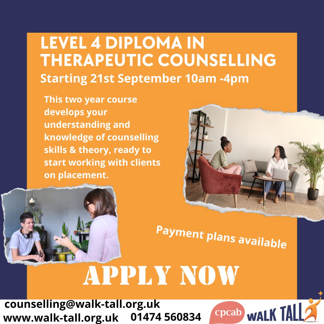 Our 2 year Level 4 Diploma in Therapeutic Counselling begins in September. Call or email today! 
We also offer accredited Level 2 , 3 and 6 courses. 
#counselling #counsellor #counsellingdiploma #career #careerchange #counsellingplacement #facetoface #mentalhealth #walktall