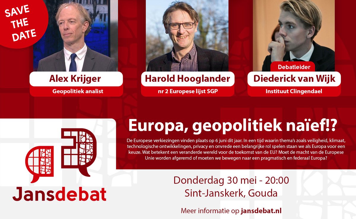 📅 SAVE THE DATE!
Donderdag 30 mei staat het Jansdebat in het kader van de komende Europese verkiezingen. Met Alex Krijger, <a href="/HJHooglander/">Harold Hooglander</a> en Diederick van Wijk.

📝 Meer informatie en aanmelden via: Jansdebat.nl