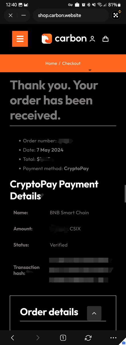 Copped some gear. #CarbonBrowser swag site runs flawless. Crypto pay with 0KX wa11et was slick. Great work @trycarbonio, can't wait to see the stuff! Paid with $csix ✌️😎
