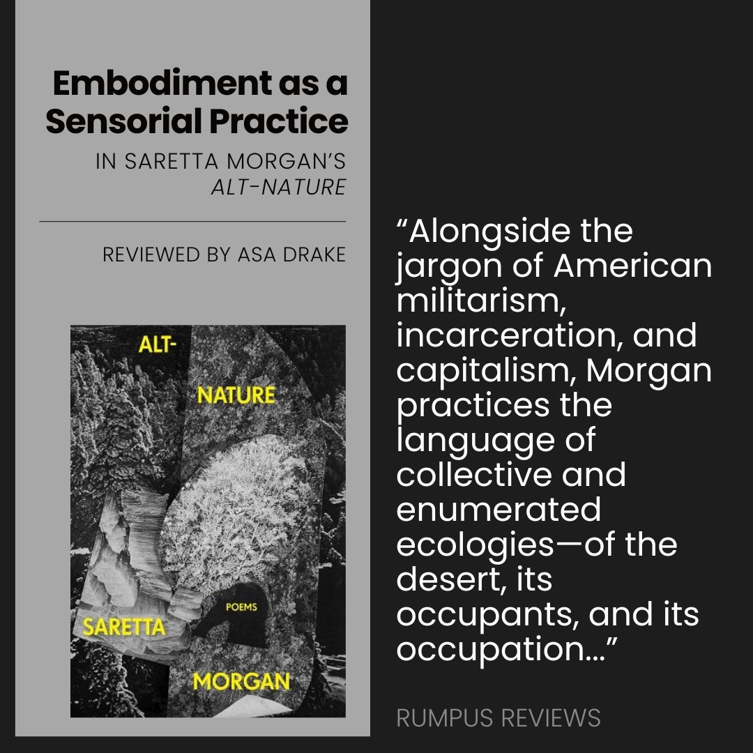 “Alongside the jargon of American militarism, incarceration, and capitalism, Morgan practices the language of collective and enumerated ecologies—of the desert, its occupants, and its occupation...” Asa Drake on Saretta Morgan's ALT-NATURE @Coffee_House_ therumpus.net/2024/05/08/emb…