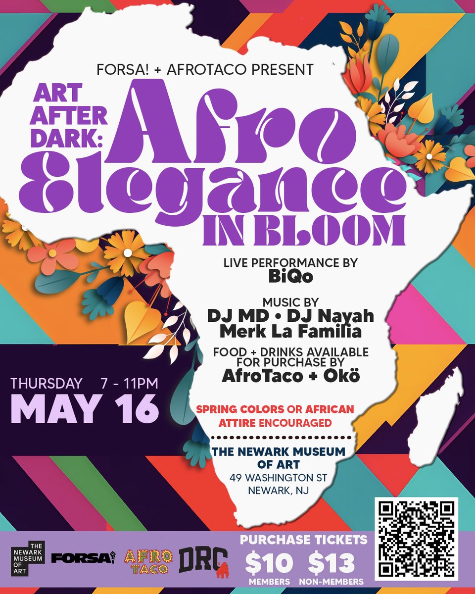🌍 Celebrate African culture at Art After Dark: AfroElegance in Bloom! 🌸 Join us on 5/16, 7-11pm for a night of art, music & flavors from the Diaspora. Enjoy performances, @AfroTaco, with music by @marcydepina & more! 🎶 🎟️ Get tix: ow.ly/nEpj50RyLuf