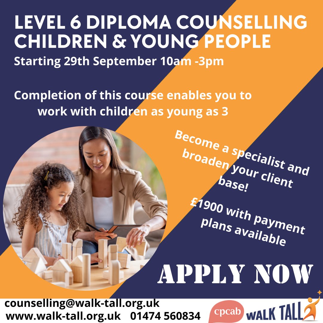 Our Level 6 Diploma in Counselling Children and Young people starts in September!! Broaden your client base and your career! Call or email today!
#counselling #counsellingcareer #counsellor #CYP #specialise #counsellingspecialist #mentalhealth #walktall
