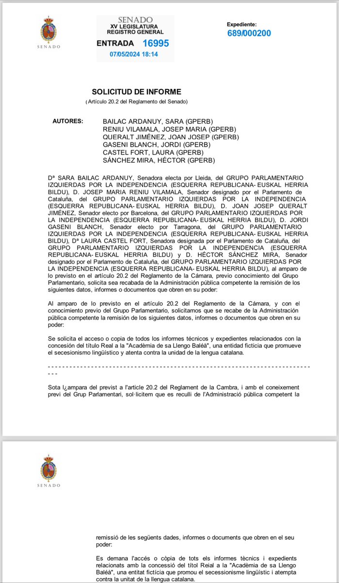 ‼️Tips 🤬de l’ús del català com a arma política per l’extrema dreta i la dreta extrema amb la connivència de la <a href="/CasaReal/">Casa de S.M. el Rey</a>
👉🏽Atès que la 👑ha de comptar amb refrendament del Gobierno, demanem vista 👁️de l’expedient que atorga reconeixement a la fake “Acadèmi de sa Llengo Baléà”❌