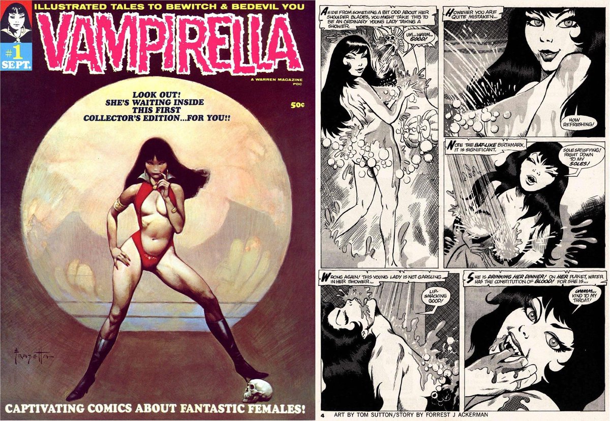 Warren Magazine publications capitalized on the fact that magazine formats didn’t require approval from the Comic Code Authority to achieve newsstand distribution, which included Vampirella #1 (1969). This featured a striking cover by Frank Frazetta & costume co-designed by Trina