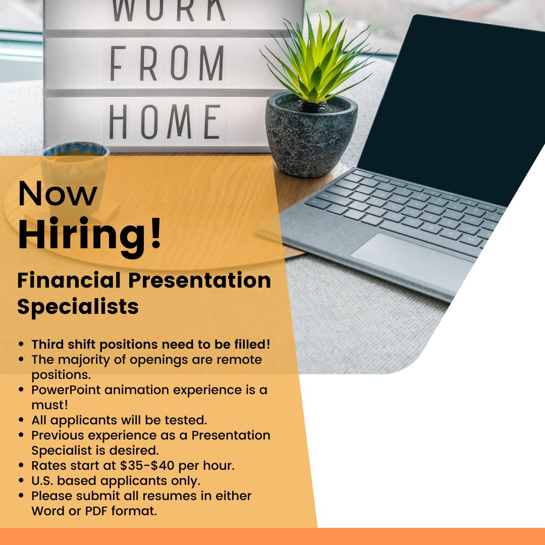 Now hiring: Financial Presentation Specialists. Please send your resumes to henry@larsenbrown.com.   

#recruitment #nycjobs #work #staffing #employment #consultant #graphicdesign #presentations #financialservices #financialoperator #remotejob #remotework #thirdshift #larsenbrown