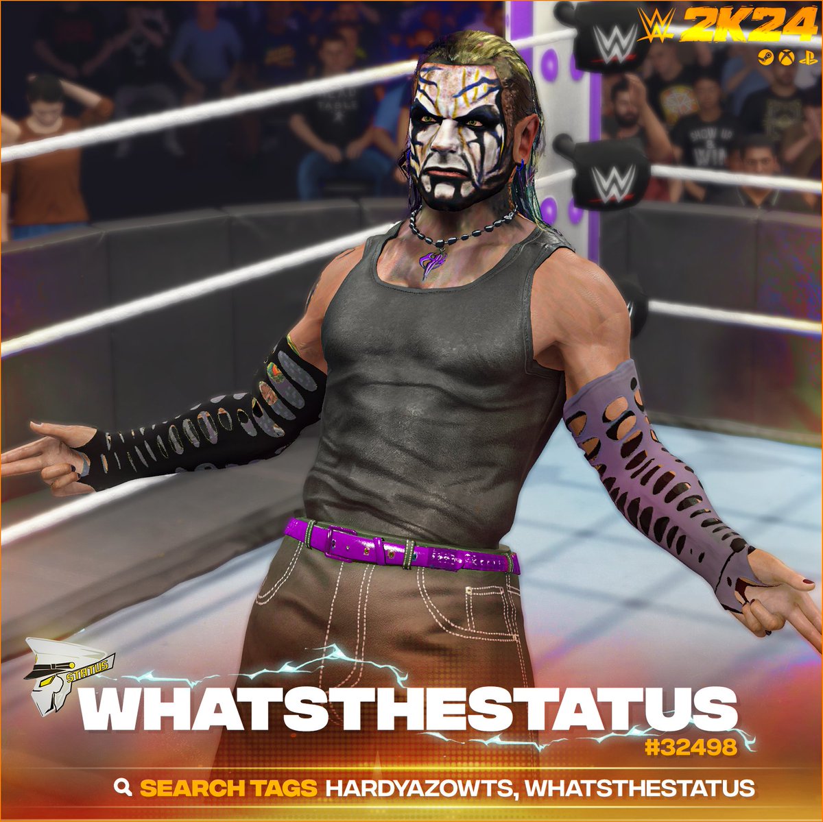 NEW! #WWE2K24 Upload To Community Creations! ★ Jeff Hardy '08 ★ Search Tag → HARDYAZOWTS or WhatsTheStatus ★ Collaboration with @Azorthious ★ Support Me → linktr.ee/WhatsTheStatus ★ INCLUDES ● Custom Portrait ● 2008 Attire ● Hidden Commentary (Jeff Hardy) Very…