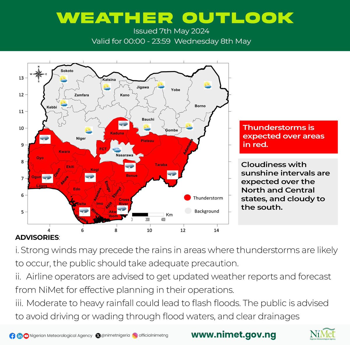 Weather Outlook issued 7th Valid 00:00 - 23:59 Wednesday 8th May

Visit: youtu.be/17yD8DJrOgA?si…
To watch weather forecast video 

#beweatheraware #nigerianweather #thunderstorms #cloudiness #cloudy #sunny #climatechange #flashfloods