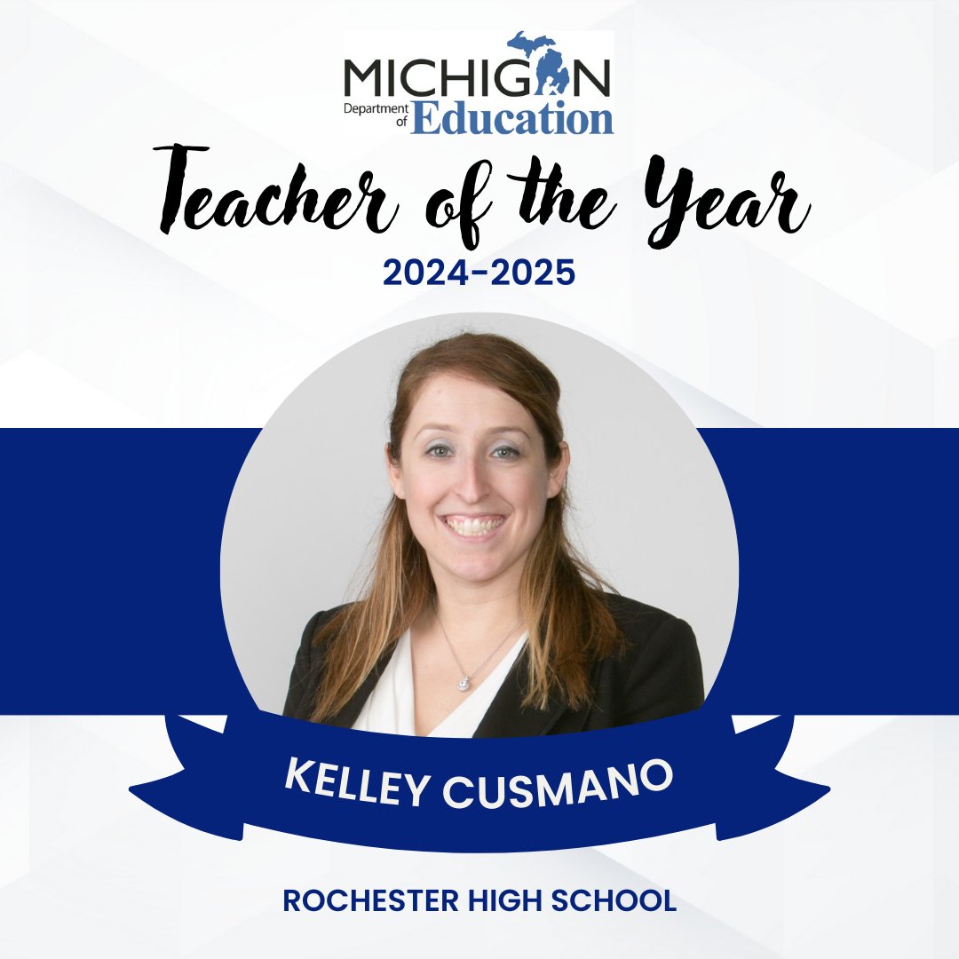 We're thrilled to announce Michigan's 2024-2025 Teacher of the Year! Congratulations to Kelley Cusmano – an English and student leadership teacher at Rochester High School in Rochester Hills #miched #proudMIeducator #PME #MIteachAppreesh #ThankATeacher #teacherappreciation