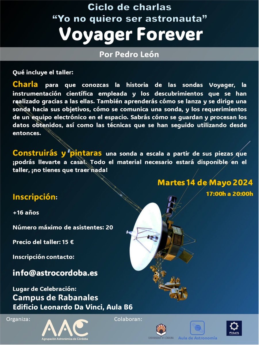 🗓️El próximo 14 de mayo no te pierdas el taller sobre las #sondasvoyager donde podrás montar y pintar tu propia maqueta de la sonda #Voyager1 mientras aprendes sobre su historia y tecnología con <a href="/pedro_leon/">Pedro León 🌍📡🪐✨📖💻🎙️</a> 
Inscríbete mandando un correo a info@astrocordoba.es
🚨Plazas Limitadas!
