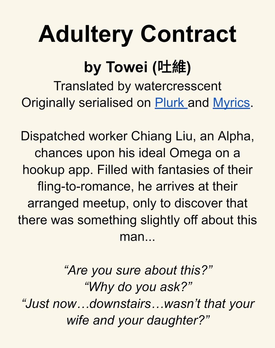 watercresscent's tweet photo. New novel translation project:

Adultery Contract by Towei

Taiwanese A/B/O human drama about an Omega contractually allowed to sleep with Alphas outside his marriage with a Beta to relieve heats.

Part 1 is up! Warning for smut 🔞🔞🔞
https://t.co/sfasLtLZN6 https://t.co/zSfLp7qhjd