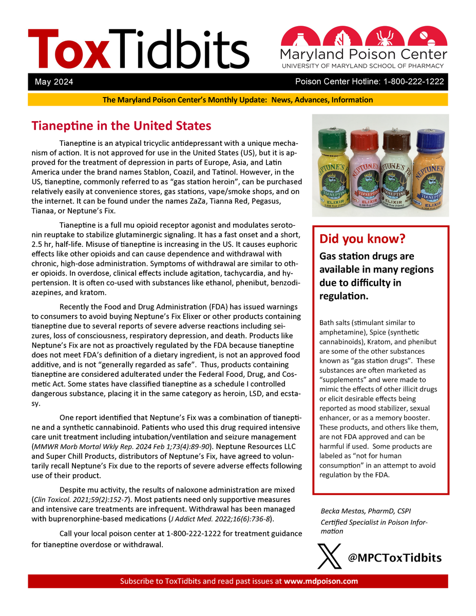 Our latest edition of ToxTidbits on Tianeptine in the United States, written by one of our CSPI's- bit.ly/USTianeptineTTB