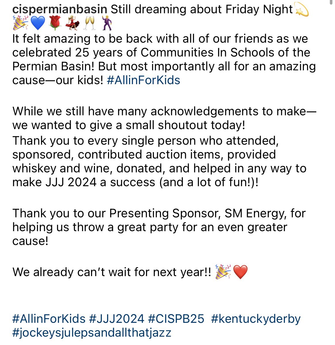 Still dreaming about Friday Night💫🎉💙🌹💃🏼🥂🕺
It felt amazing to be back with all of our friends as we celebrated 25 years of Communities In Schools of the Permian Basin! But most importantly all for an amazing cause—our kids! #AllinForKids