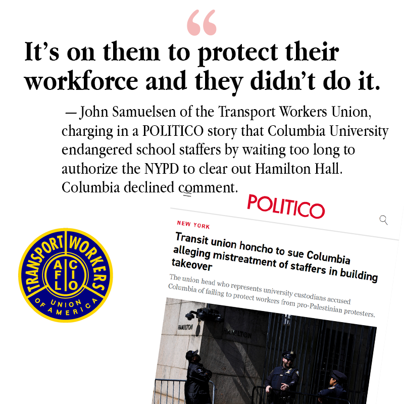 A mob put workers in danger and Columbia University let it happen. I stand with @transportworker and their demands: release the names of the perpetrators, release the footage, and work with the TWU to protect workers in the future.