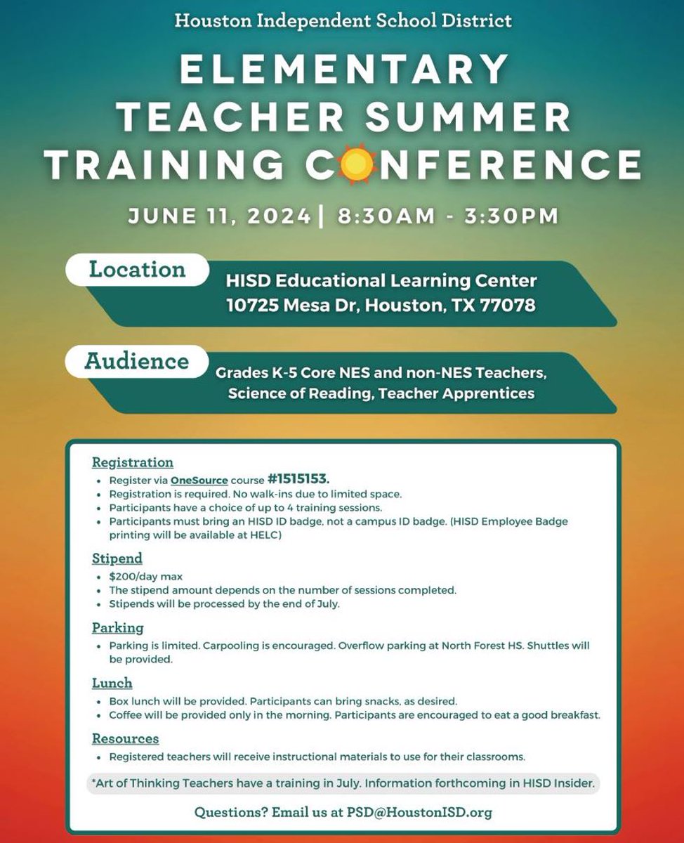 📣Calling all HISD Elementary Teachers... Join us for a day of learning at the Teacher Summer Training Conference. ✅June 11th ✅8:30am-3:30pm ✅Stipend available ✅Lunch provided ✅Multiple sessions to choose from 🛑Register Today! #1515153