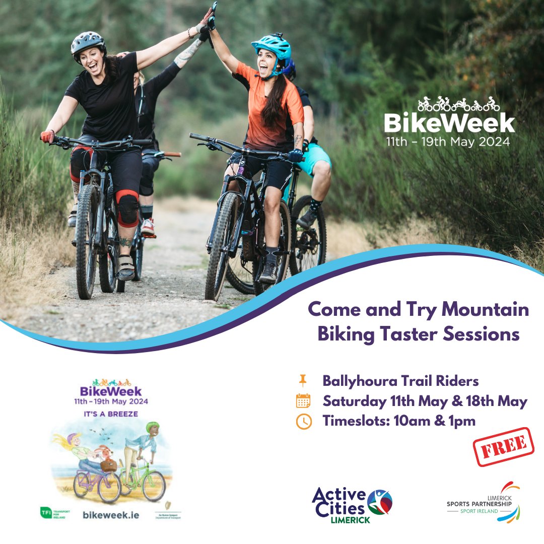 Come & Try Mountain Biking for #BikeWeek! 📍Ballyhoura Trail Riders 📅 Sat 11th May or Sat 18th May ⏰ 10am or 1pm 🔗 limericksports.ie/event/come-try… @Limerick_ie @TFIupdates @sportireland @Live95Limerick @WestLimerick102 @UL @BallyhouraDev #BikeWeekLimerick #ActiveCities