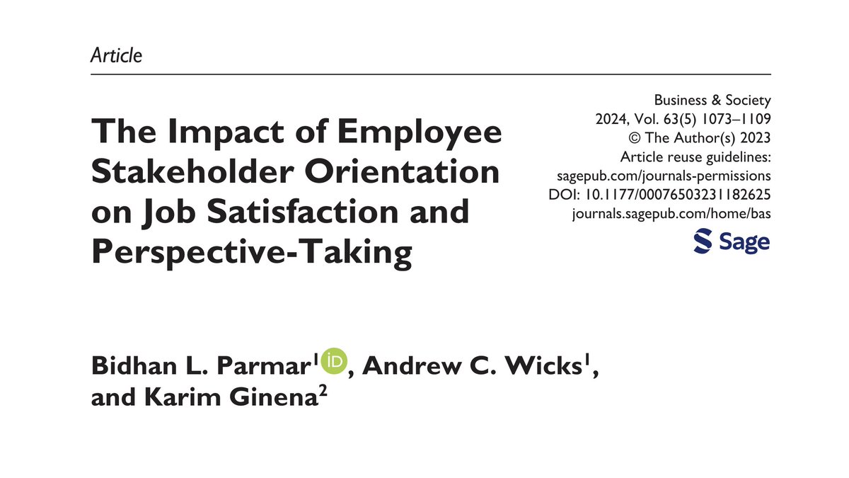How does stakeholder orientation affect employee job satisfaction? Bidhan Parmar, Andrew Wicks (@UVA), and Karim Ginena show that employees with a higher perceived #stakeholder orientation experience enhanced #jobsatisfaction. Read more here: doi.org/10.1177/000765…