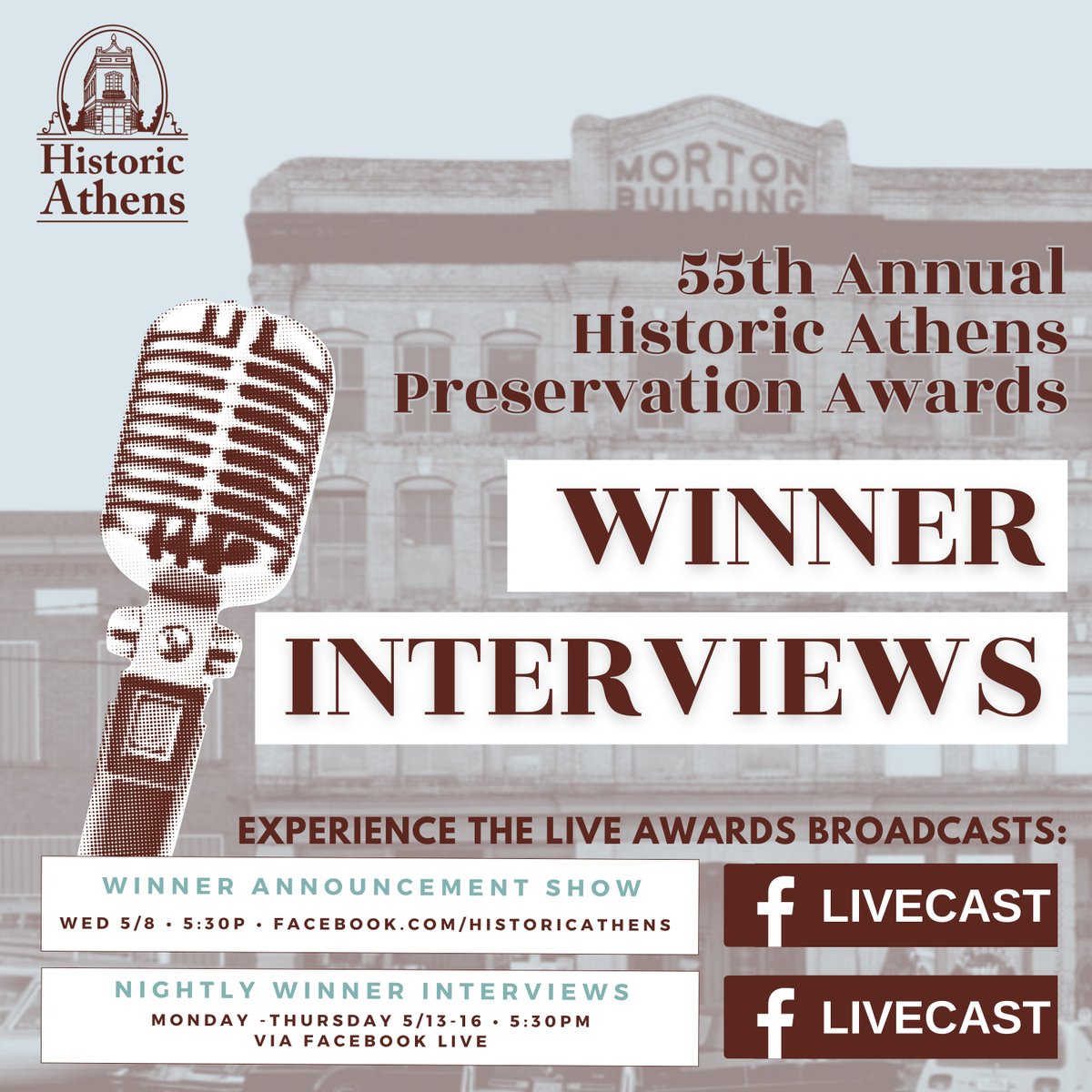 Exciting news ahead! 🏆 Join us this Wednesday for a live announcement as we reveal the 2024 Historic Athens Preservation Award winners! Then, Monday through Thursday, we'll sit down for exclusive one-on-one chats with each winner, diving deep into their inspiring projects.