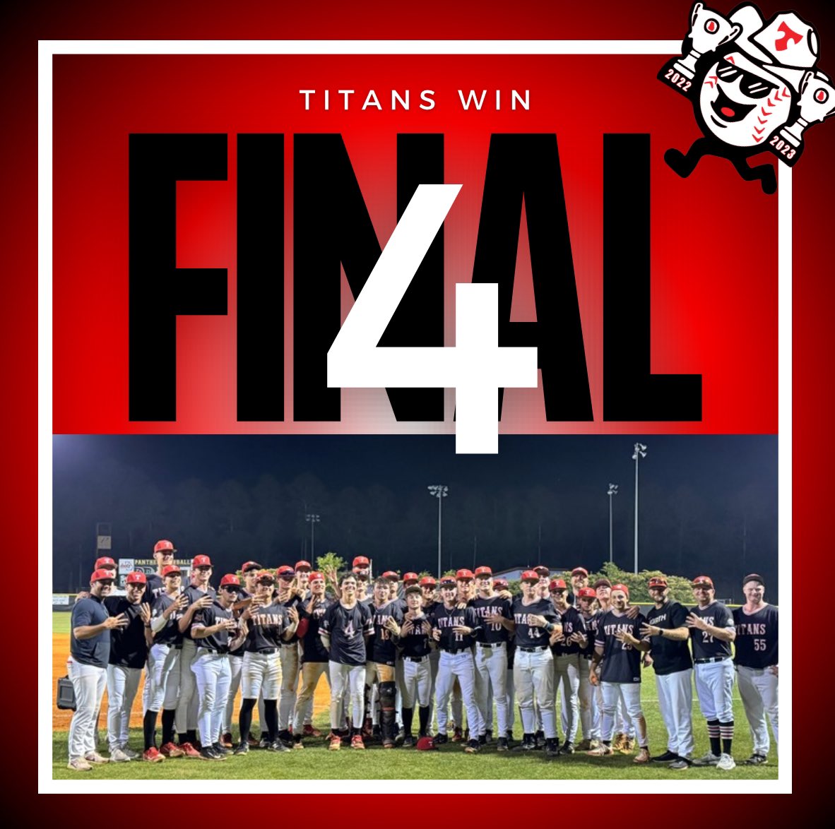 Titans take two in Perry and are headed to the Final Four. 🆚 @ Starr’s Mill 📆 Saturday, May 11th ⏰ Game 1: 3pm / Game 2: 5pm #BuiltDifferent #Team44 #3peat