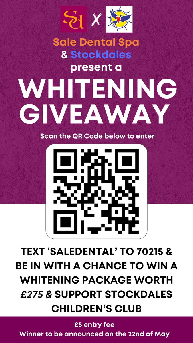 WIN teeth whitening by Sale Dental Spa worth £275! Text SALEDENTAL to 70215 to be in with a chance of winning The entry text costs £5 and this money goes to Stockdales to support local adults & children with learning disabilities
