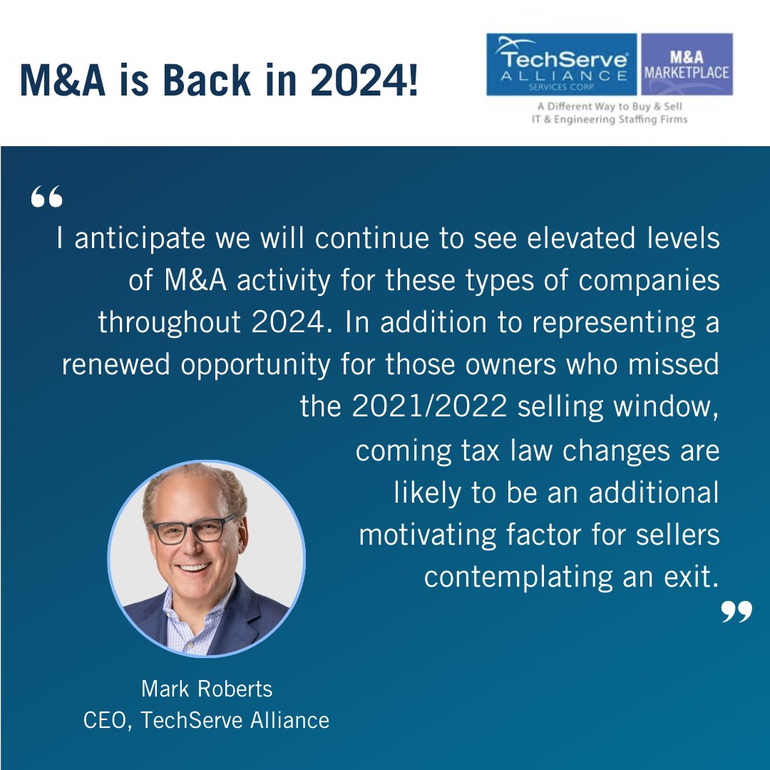 The time is now that we are seeing growing interest again in M&A. Especially for companies in the 'sweet spot' - what does that mean? 

Mark Roberts, TechServe Alliance CEO explains more here: 
hubs.la/Q02wq9Mq0 

#techstaffing #mergers #acquisitions