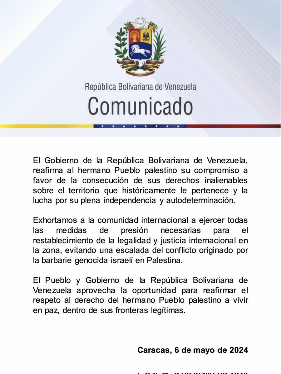 #Comunicado 📢 Venezuela condena, de manera categórica, los bombardeos sobre la ciudad de Rafah al sur de la franja de gaza, perpetrados por el Estado sionista de Israel, dando continuidad a su sistemática política criminal y expansionista en esta localidad que alberga a más de