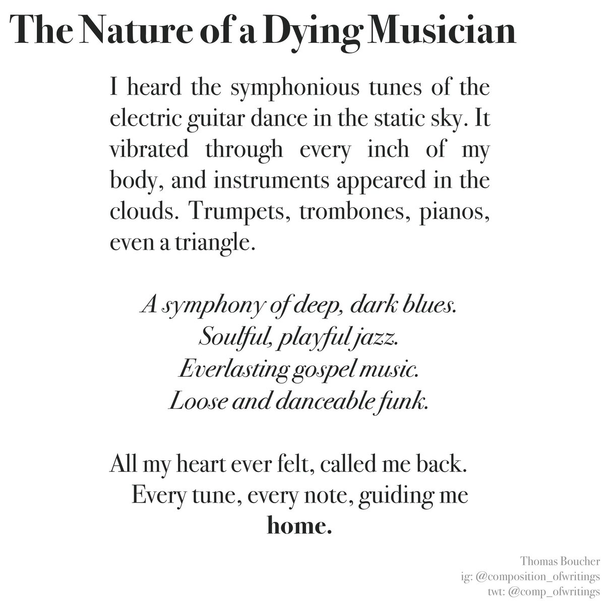 The Nature of a Dying Musician - Thomas Boucher “Trumpets, trombones, pianos, even a triangle.” #poems #poetry #writing #stories #shropshire